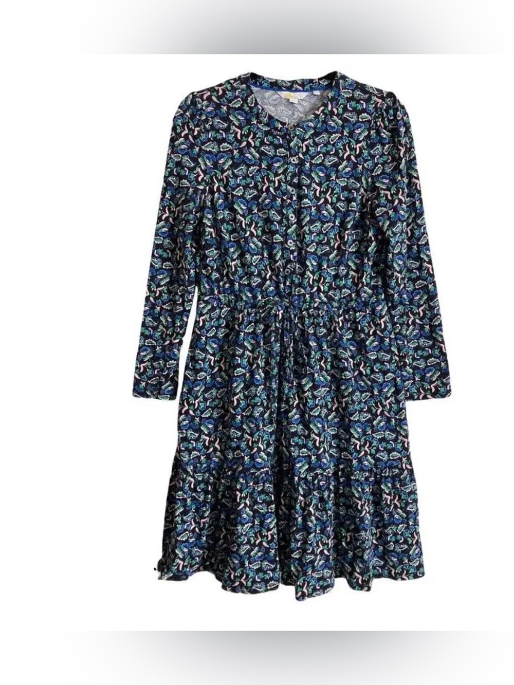 NWT Bodes Navy Multicolor Floral Long-Sleeve Drawstring Dress